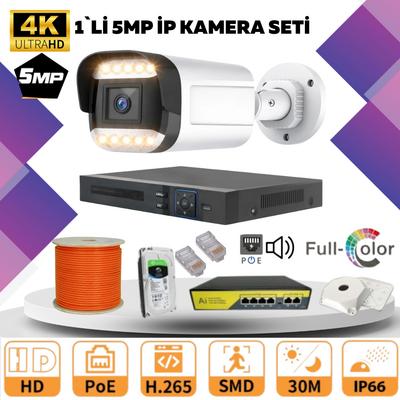 1'li Güvenlik IP Kamera Seti - 4MP Dış Mekan Kamera, 3.6mm Lens, H.265, PoE, Warm Led Gece Görüşlü